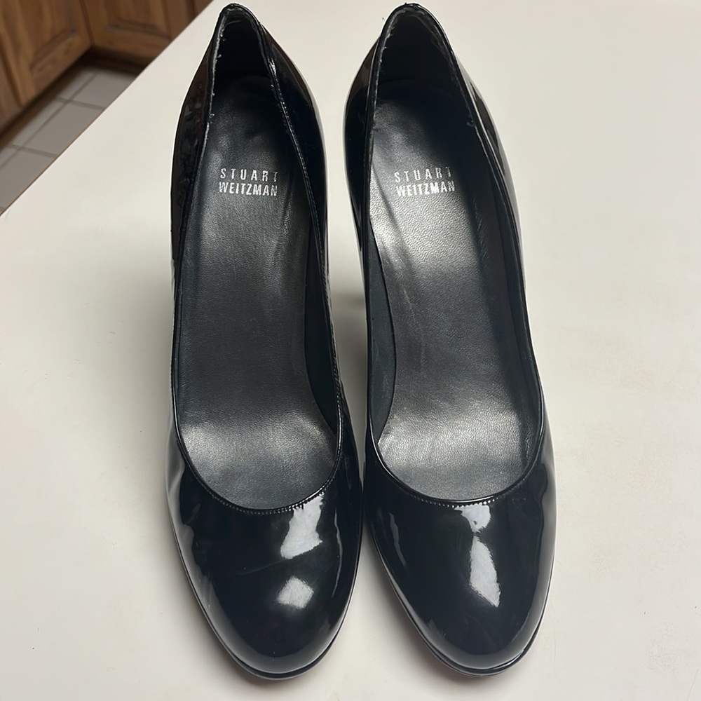 Stuart Weitzman Black Leather Patent Platform Heels Platswoon Pumps - Picture 2 of 8